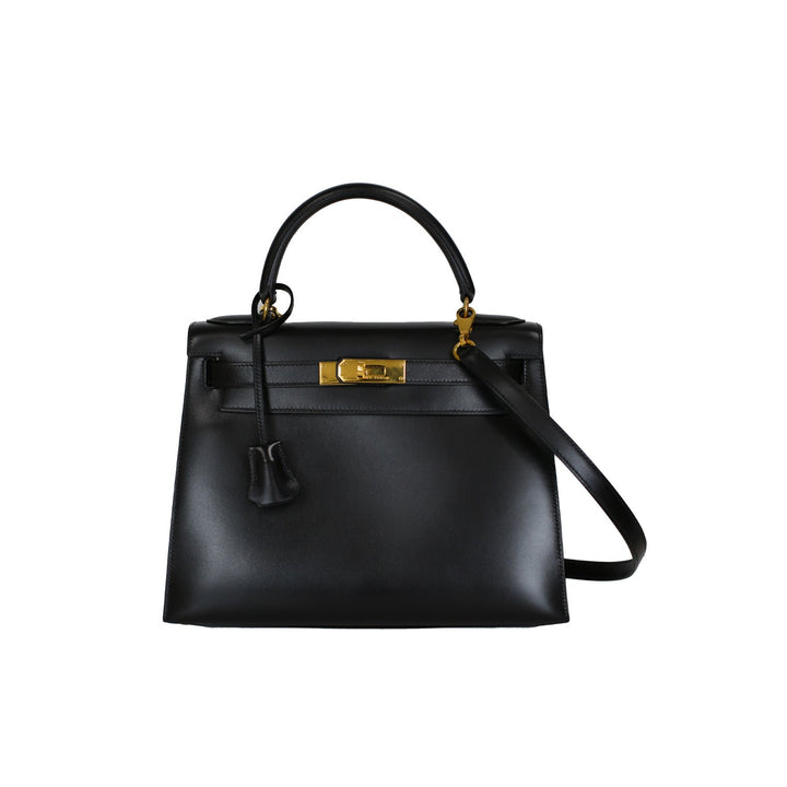 Vintage Hermès Kelly 28 Black Box Leather Handbag with Gold Hardware from 1995