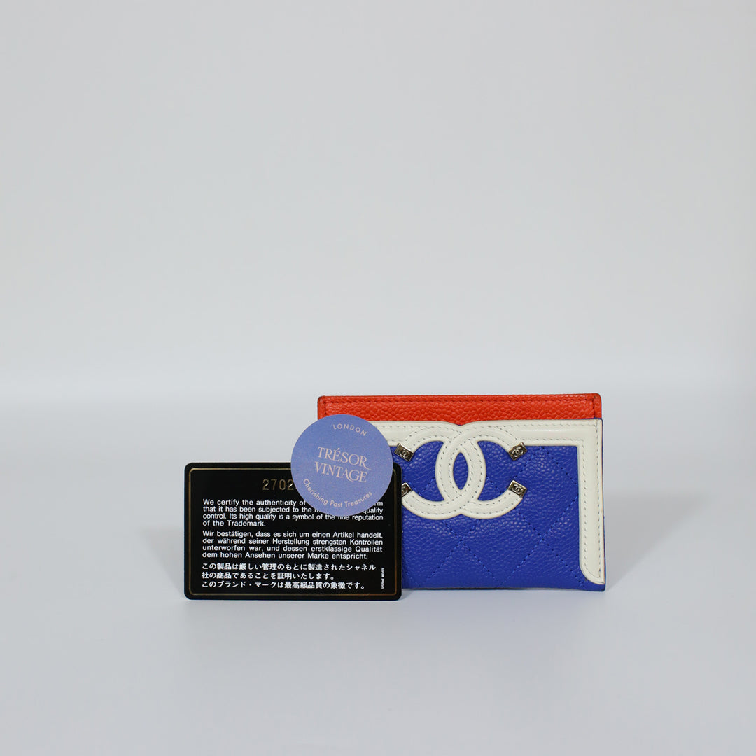 Chanel 2018-2019 Caviar Quilted CC Filigree Cardholder Blue Red White