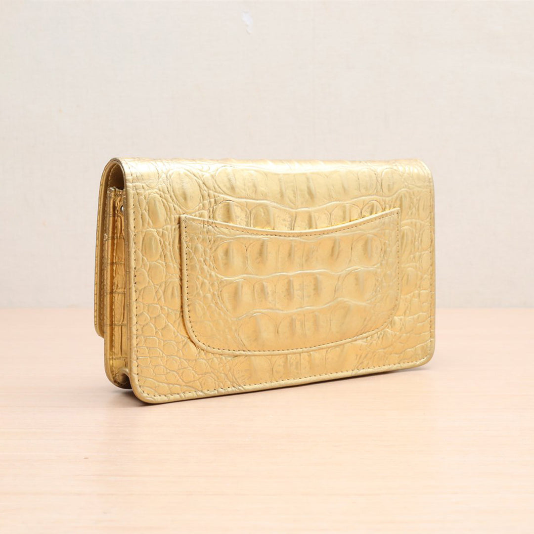 Chanel Metallic Calfskin Crocodile Embossed Wallet On Chain WOC Gold