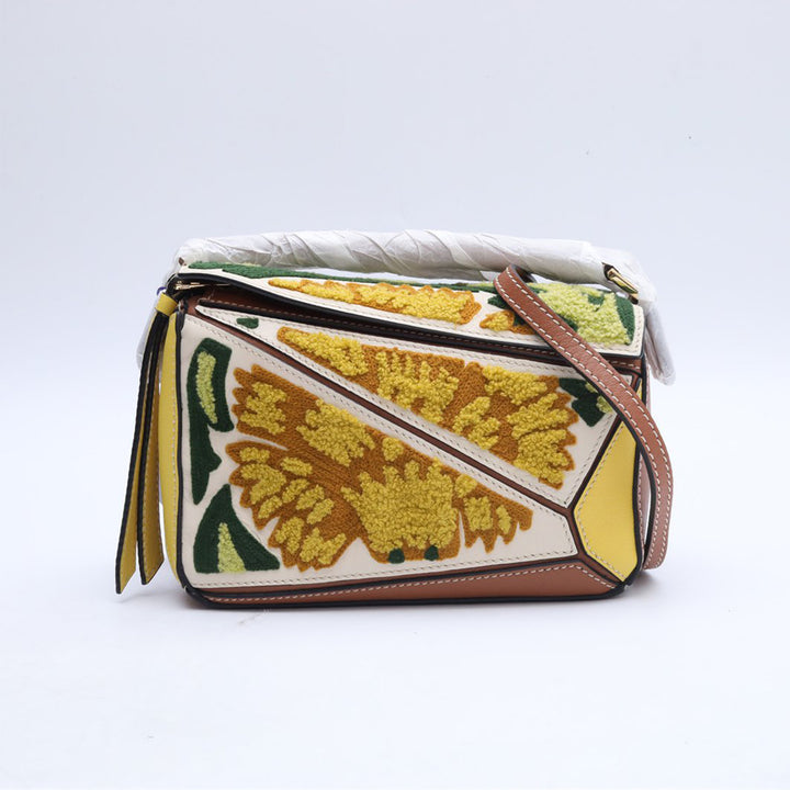 Loewe Puzzle Mini Floral Leather Handbag Brown Yellow