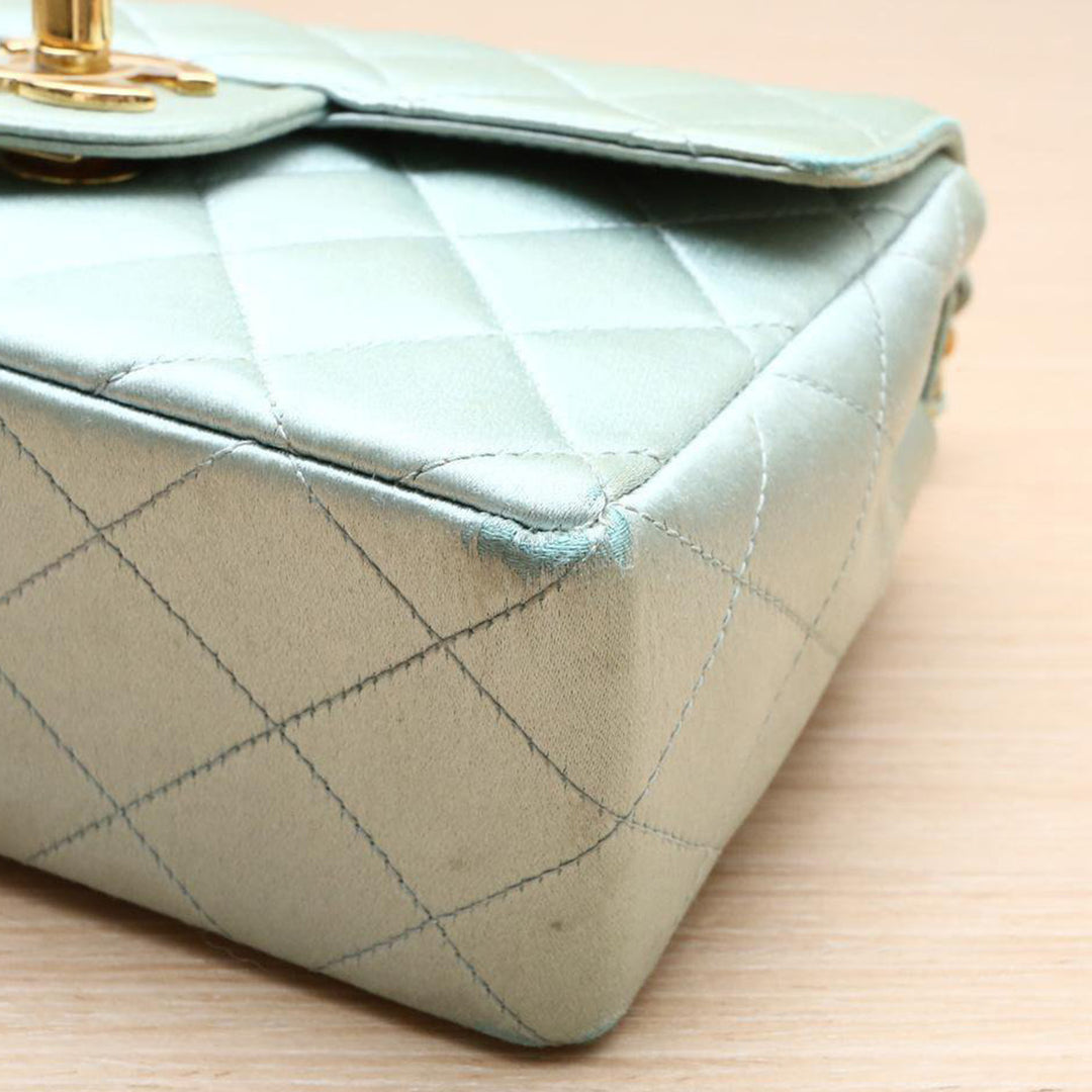 Chanel Vintage Mint Green Satin Gold Hardware Square Chain Bag