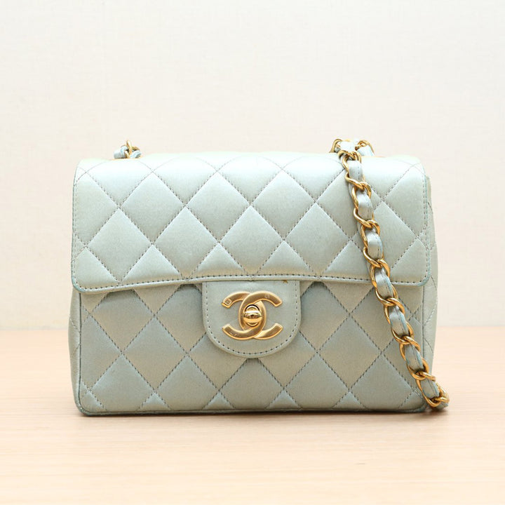 Chanel Vintage Mint Green Satin Gold Hardware Square Chain Bag