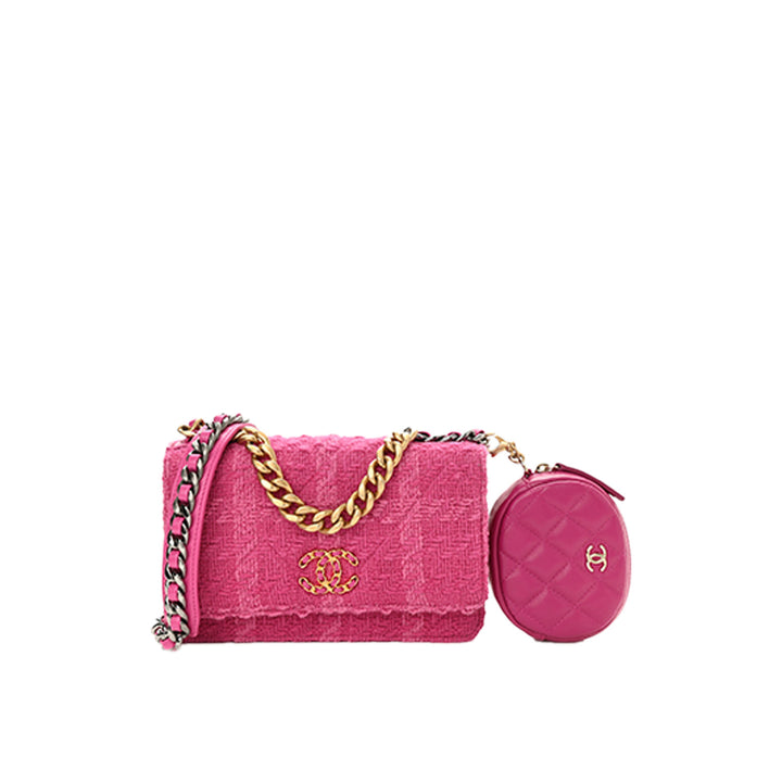 Chanel Wool Tweed Lambskin Quilted Chanel 19 Wallet On Chain WOC and Coin Purse Fuchsia