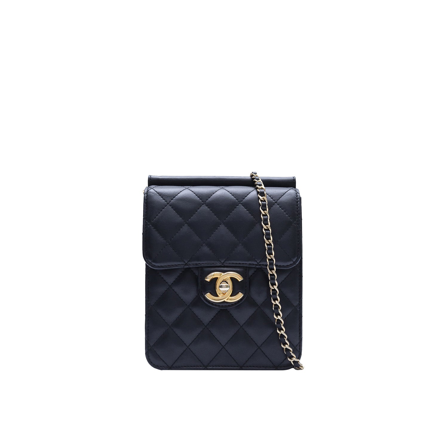 Chanel Quilted Black Vertical Phone Clutch Lambskin Gold CC Logo