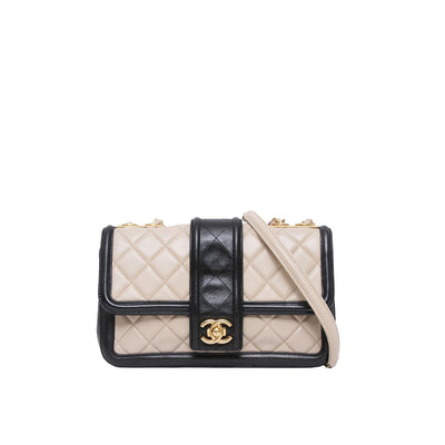 Chanel Beige Leather Black / Beige Trim Flap Bag 2014