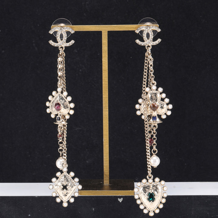 Chanel Dangle Earrings With Diamond Heart Club Spades Shape Faux Pearl