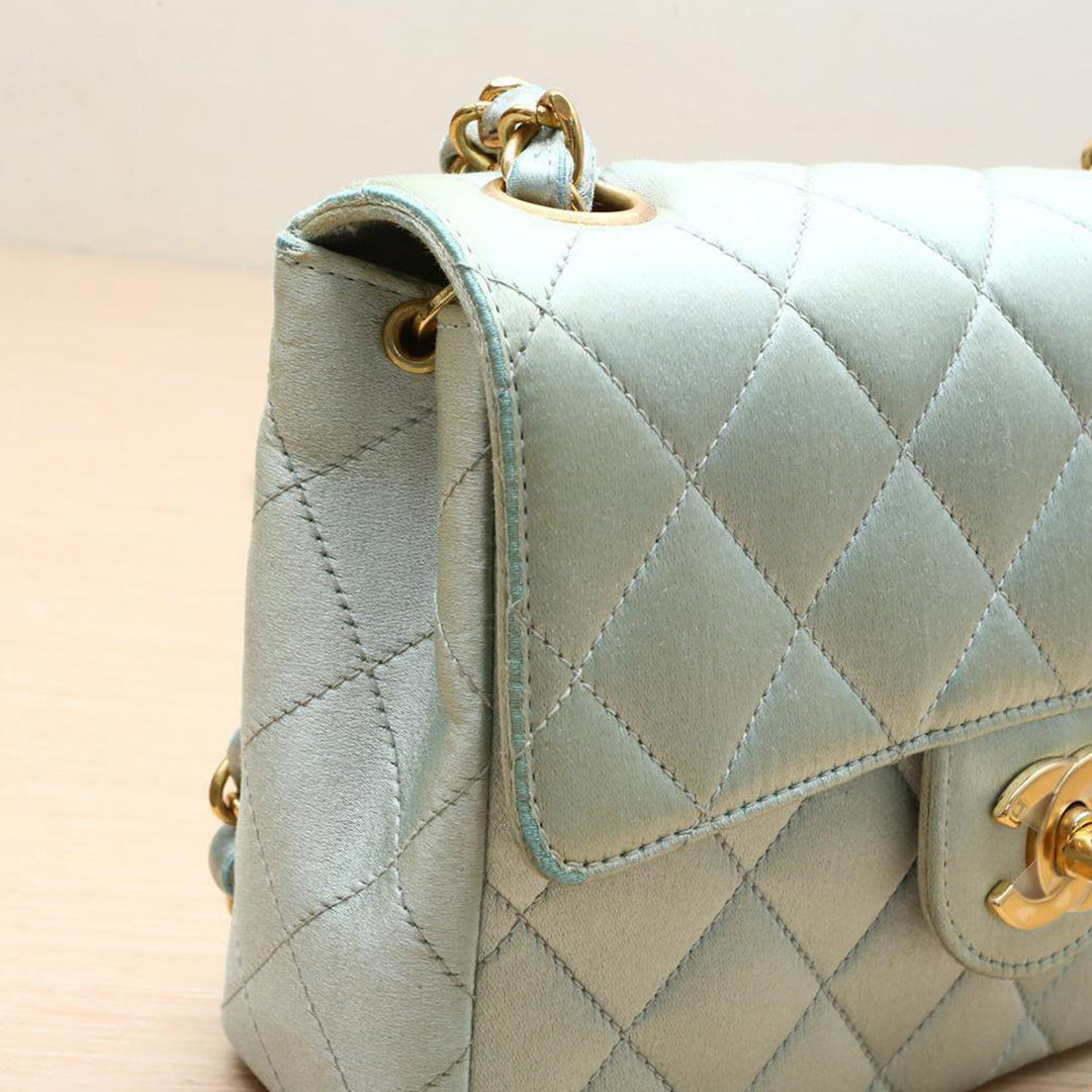 Chanel Vintage Mint Green Satin Gold Hardware Square Chain Bag