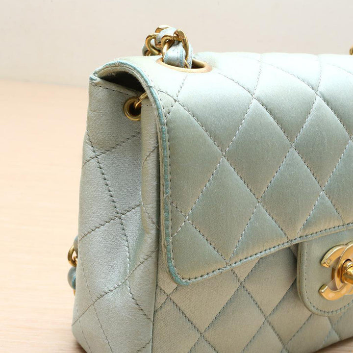 Chanel Vintage Mint Green Satin Gold Hardware Square Chain Bag