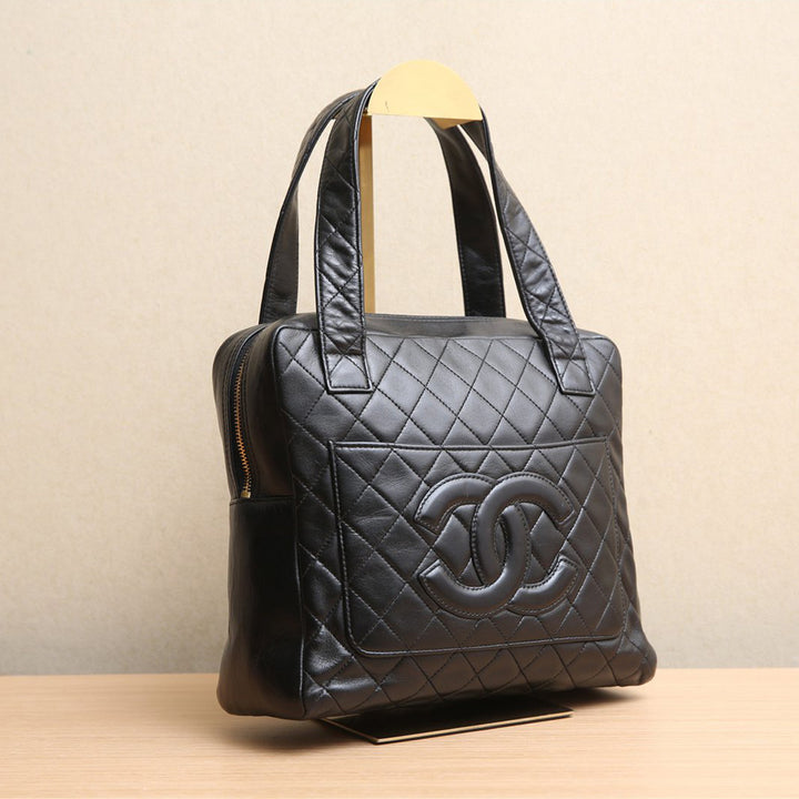 Chanel Vintage Rare Black Lambskin CC Logo Top Handle Tote Bag