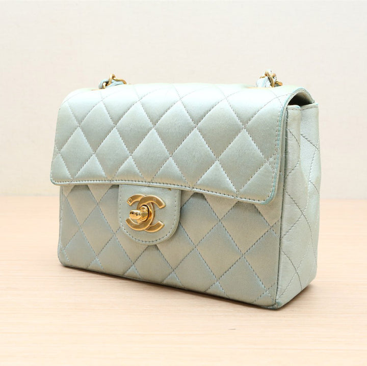 Chanel Vintage Mint Green Satin Gold Hardware Square Chain Bag