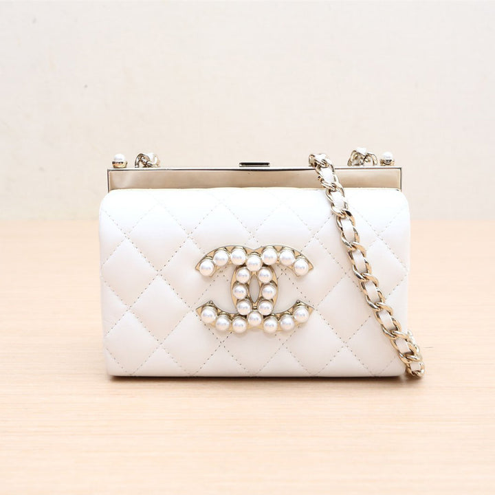 Chanel Quilted Lambskin Pearl CC Frame Clutch with Chain