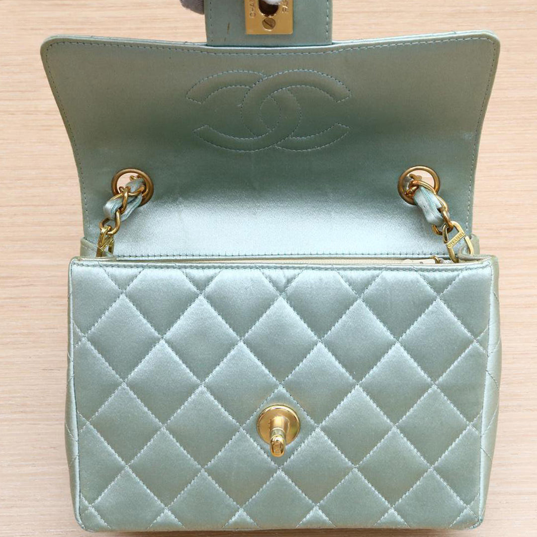 Chanel Vintage Mint Green Satin Gold Hardware Square Chain Bag