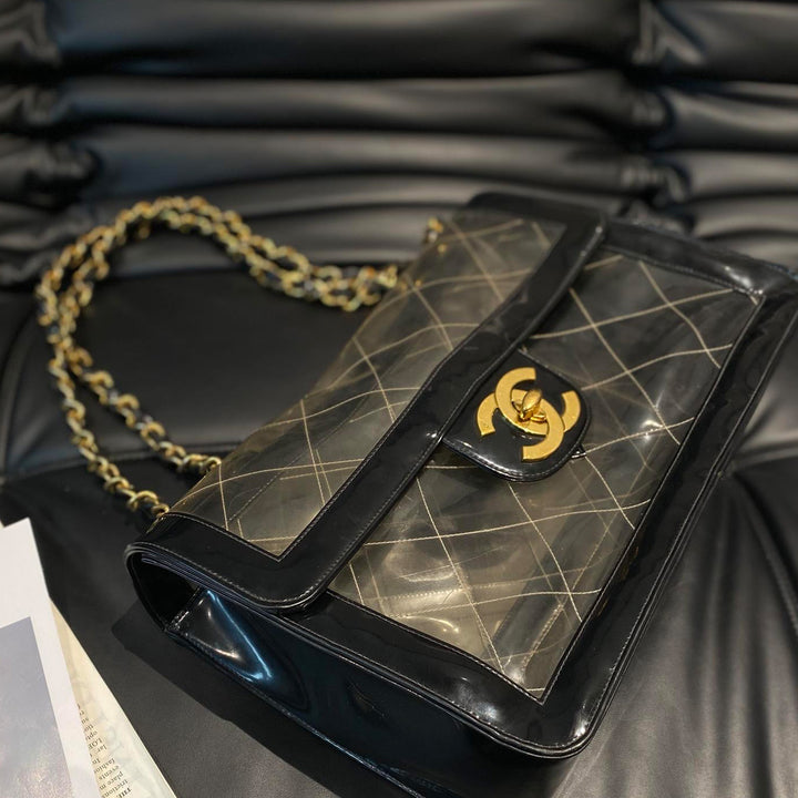 Chanel Vintage CC Logo Coco Clear Chain Shoulder Bag Black Transparent