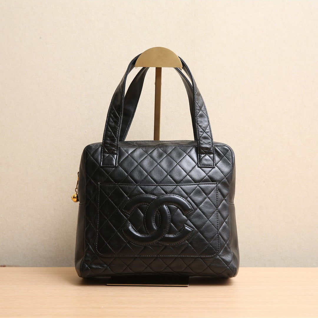 Chanel Vintage Rare Black Lambskin CC Logo Top Handle Tote Bag