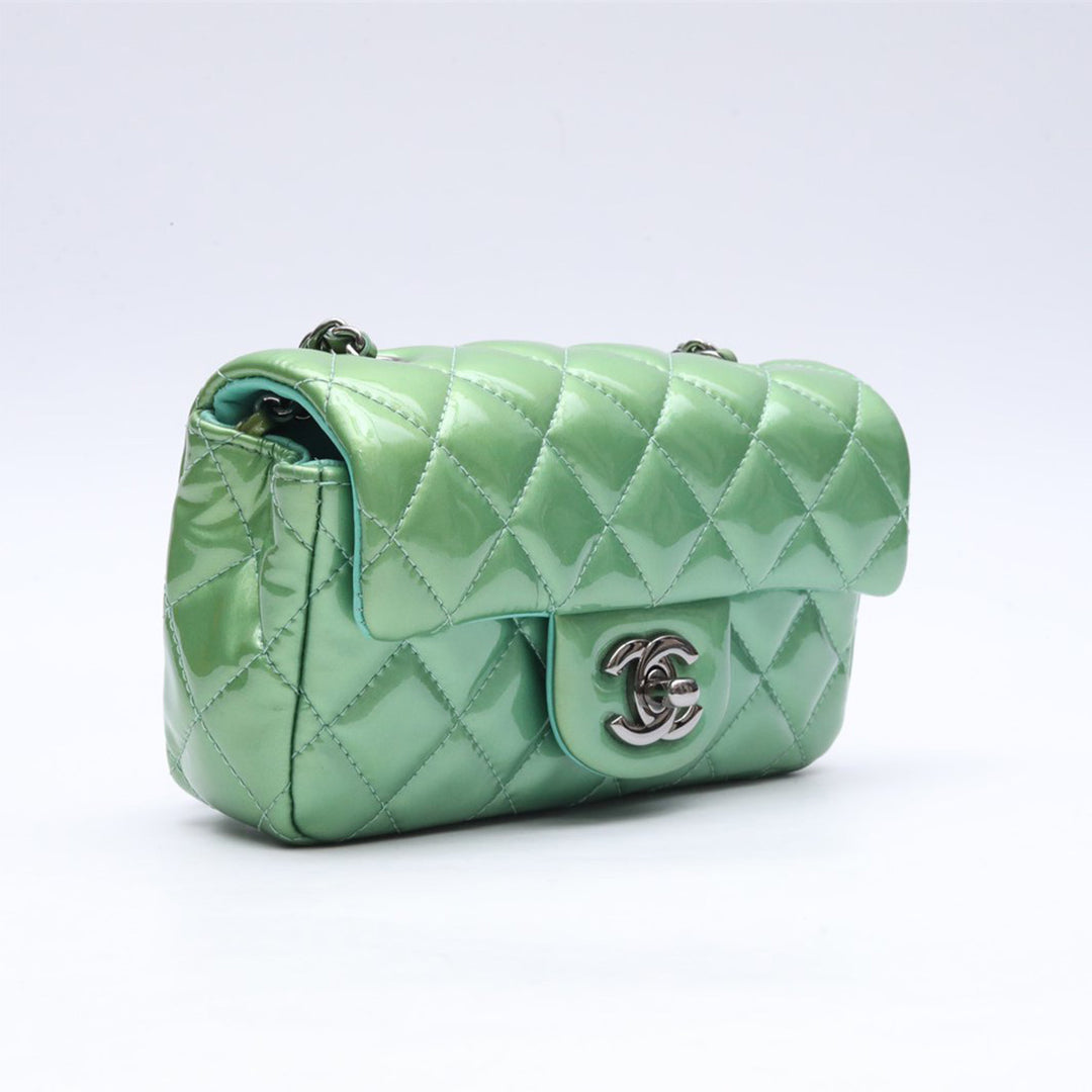 Chanel Rectangular Mini Flap Bag In Green Patent Leather