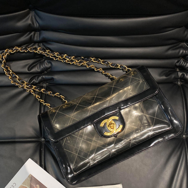 Chanel Vintage CC Logo Coco Clear Chain Shoulder Bag Black Transparent