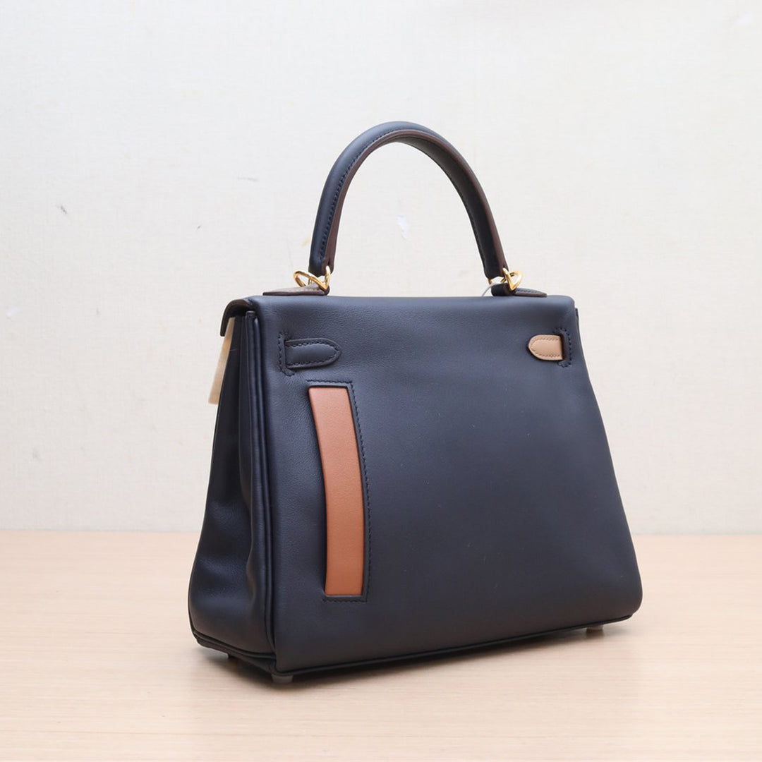 Hermes Kelly 25 Colormatic Blue 89 Black Chai Gold Swift Leather Gold Hardware Stamp U