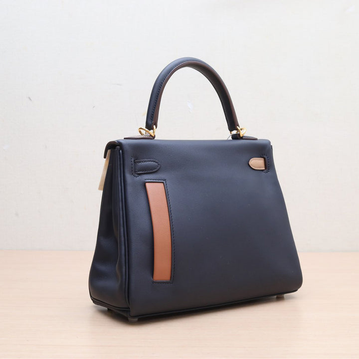 Hermes Kelly 25 Colormatic Blue 89 Black Chai Gold Swift Leather Gold Hardware Stamp U