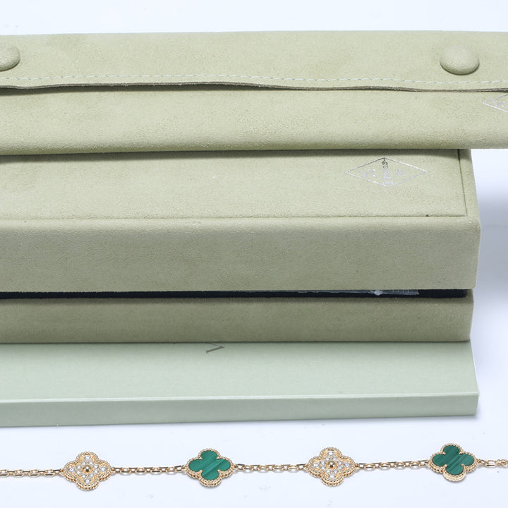 Van Cleef & Arpels 5 Motif Vintage Alhambra Diamond Malachite Bracelet Yellow Gold Bracelet