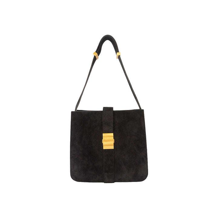 Bottega Veneta Marie Shoulder Bag Black Suede Leather Gold Hardware