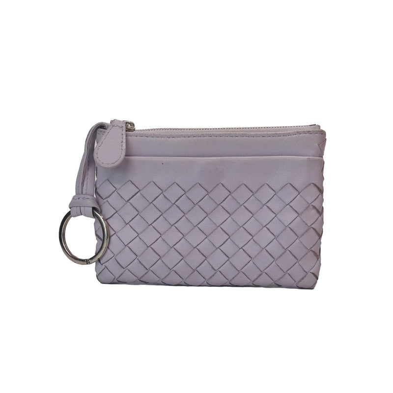 Bottega Veneta key coin pouch in purple with intrecciato design.