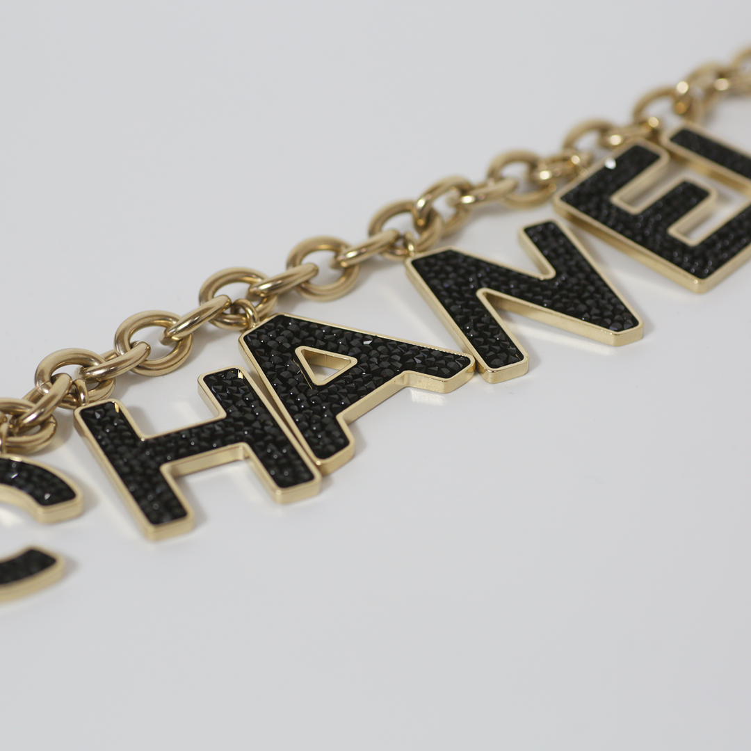 Chanel Black Crystal-Encrusted Letter Gold Chain Charm Bracelet 2018 Fall/Winter Collection B18