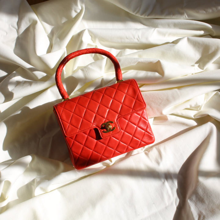 Chanel 1991-1994 Vintage Lambskin Mini Kelly Flap Bag in Red and Gold Hardware