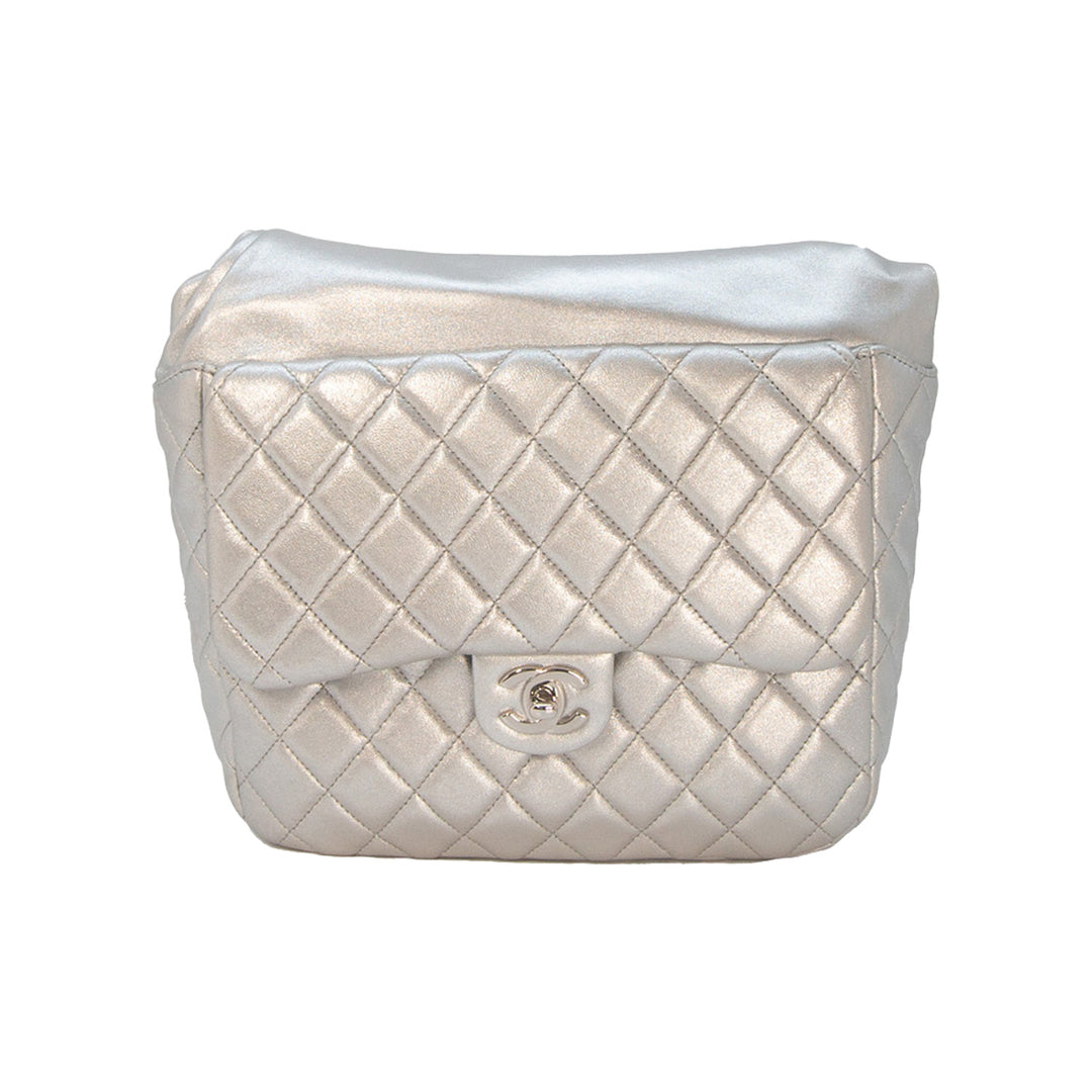Chanel In Seoul Drawstring Flap Backpack Metallic Silver Lambskin Silver Hardware