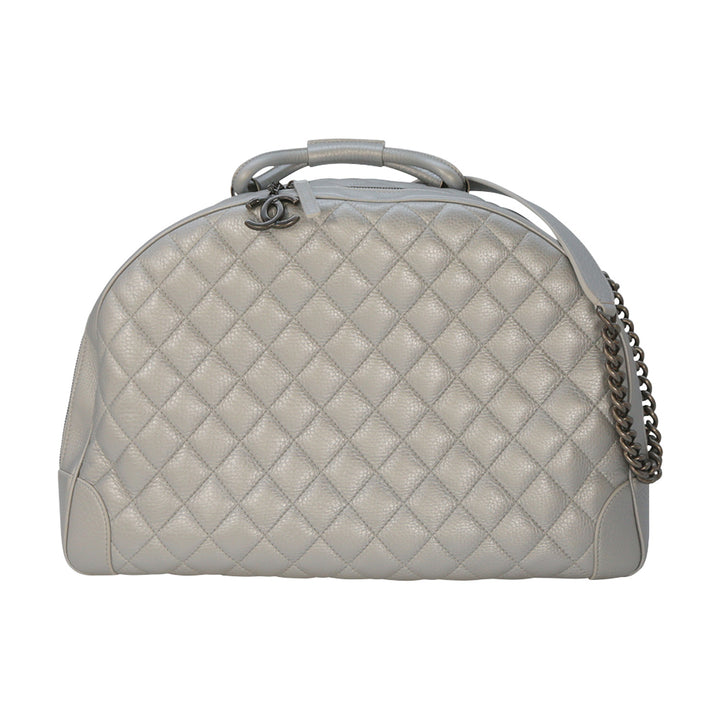 Chanel Medium Airlines Round Trip Bowling Bag Metallic Silver Quilted Calfskin Dark Silver Hardware
