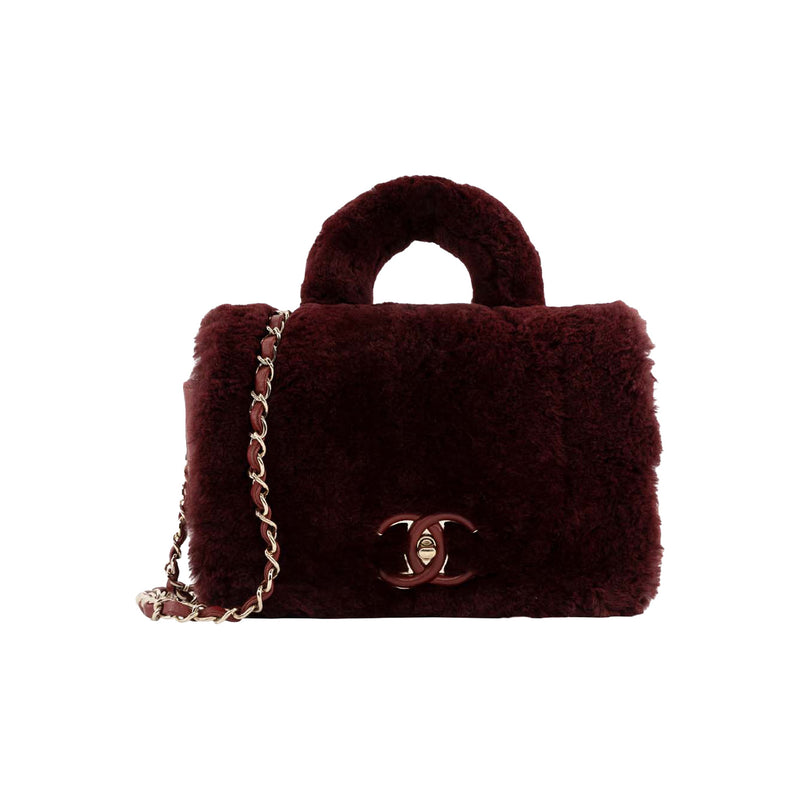 Chanel 2017 Metiers D'Art Paris Cosmopolite Top Handle Flap Bag Burgundy Rabbit Fur & Lambskin Gold Hardware