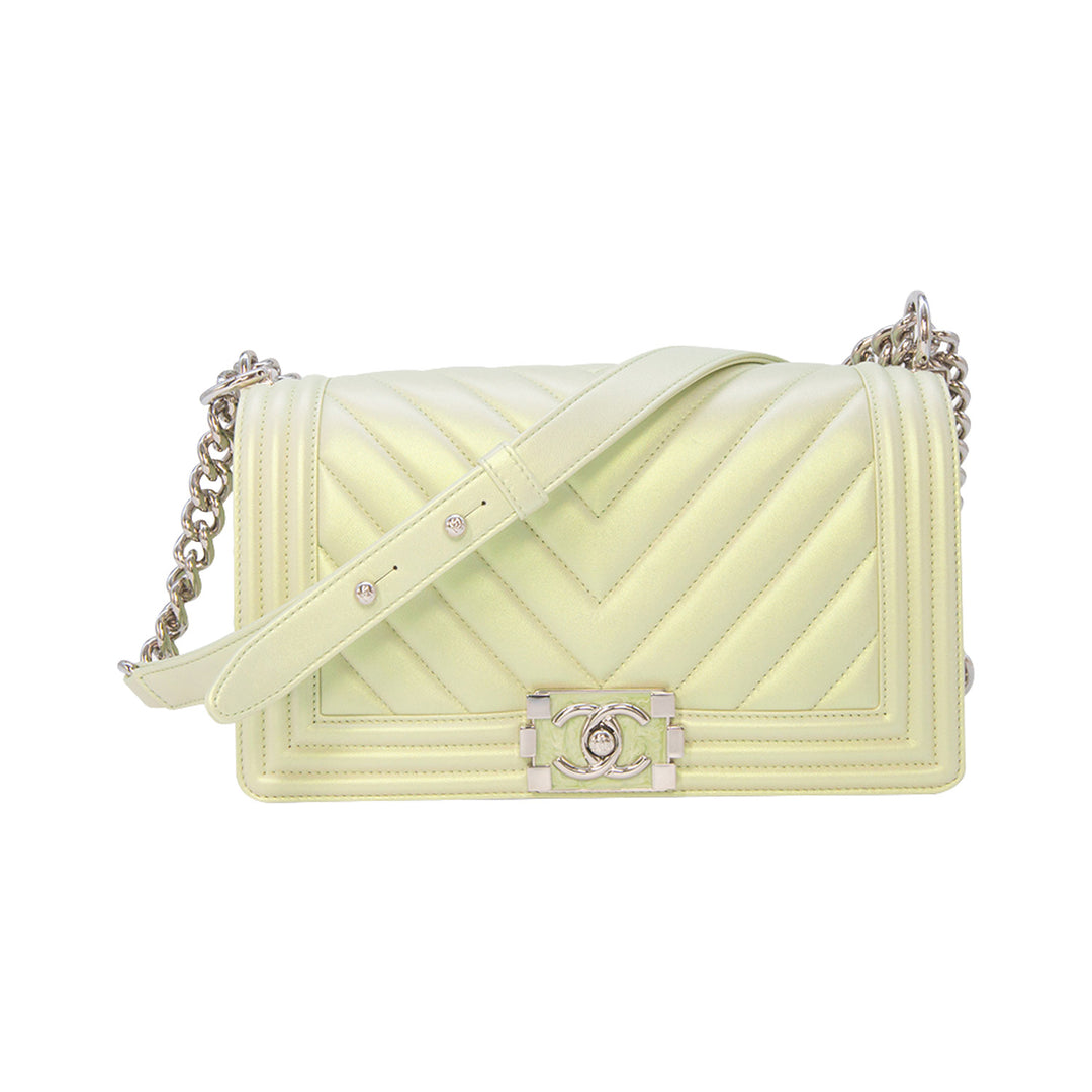 Chanel Medium Boy Bag Iridescent Light Green Chevron Quilted Lambskin Silver Hardware