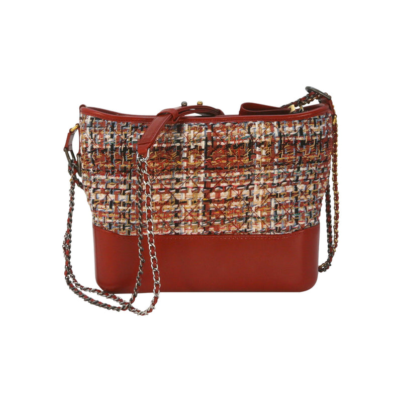 Chanel Medium Gabrielle Hobo Bag Red Multi Tweed and Wine Red Calfskin Mixed Hardware
