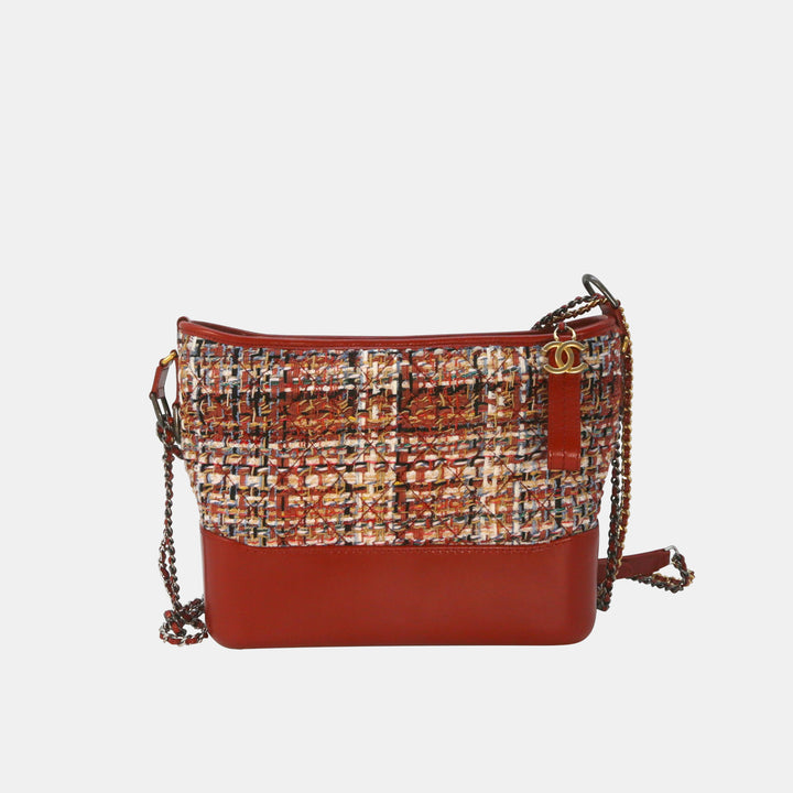 Chanel 2018 Tweed Calfskin Medium Gabrielle Hobo in Red with Mixed Hardware