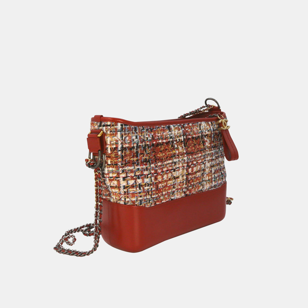 Chanel 2018 Tweed Calfskin Medium Gabrielle Hobo in Red with Mixed Hardware