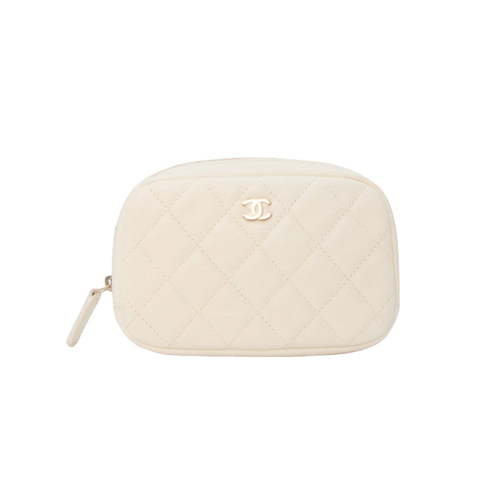Chanel Classic Curvy Cosmetic Pouch White Quilted Caviar Silver Hardware