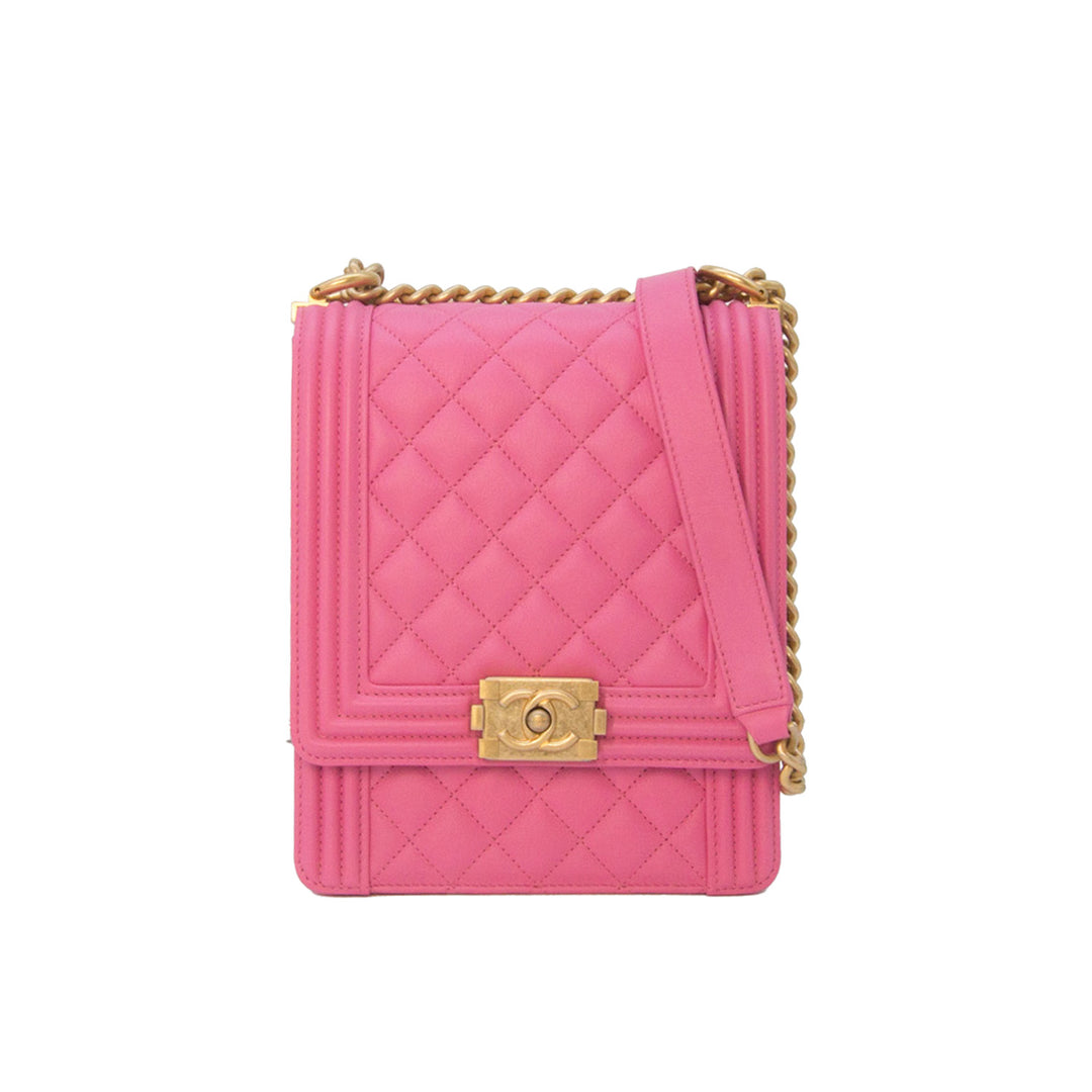 Chanel North South Boy Flap Bag Lambskin Hot Pink Gold Hardware