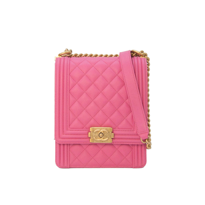 Chanel North South Boy Flap Bag Lambskin Hot Pink Gold Hardware
