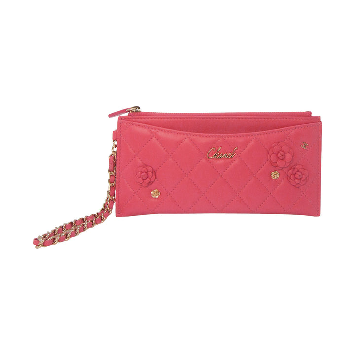 Chanel 2019 Small Camellia CC Charm Wallet Clutch Pink Lambskin Gold Hardware
