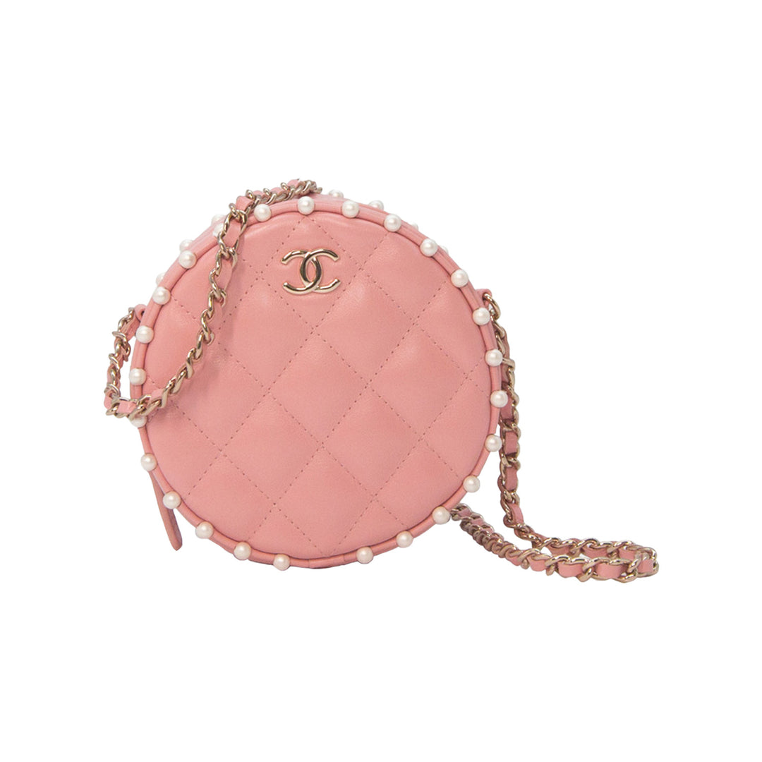 Chanel Round Classic Chain Clutch Quilted Pink Lambskin Pearl Gold Hardware
