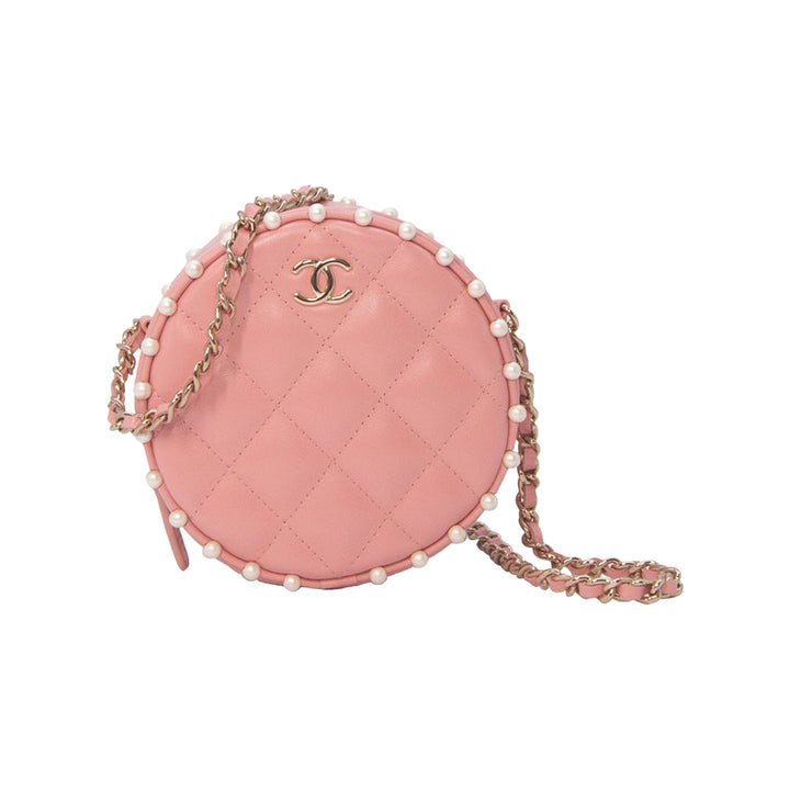 Chanel Round Classic Chain Clutch Quilted Pink Lambskin Pearl Gold Hardware