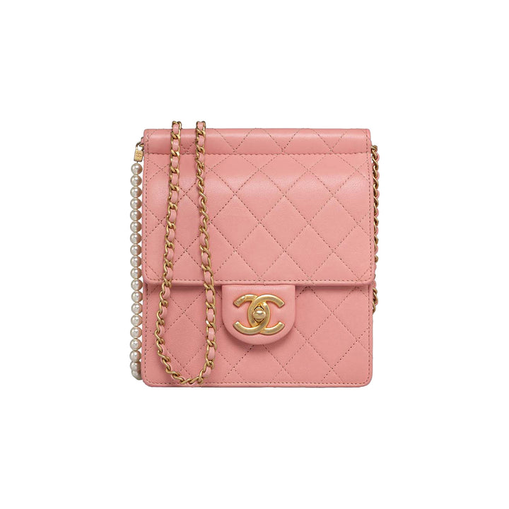 Chanel Vertical Pearl Chain Flap Bag Pink Lambskin Gold Hardware