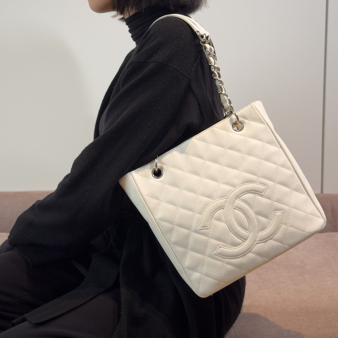 Chanel Caviar Petite Shopping Tote In White