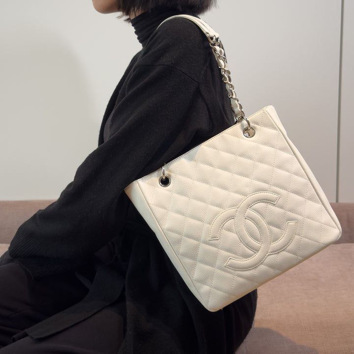 Chanel Caviar Petite Shopping Tote In White