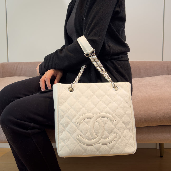 Chanel Caviar Petite Shopping Tote In White