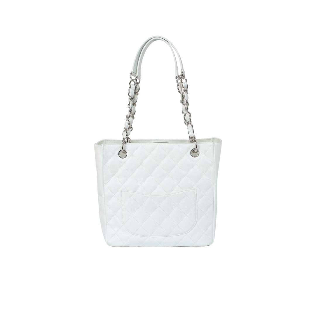 Chanel Caviar Quilted Petit Shopping Tote Bag in White with Silver Hardware