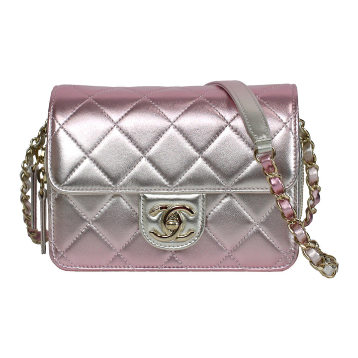 Chanel "Like A Wallet" Flap Bag Iridescent Metallic Pink & Silver Gradient Lambskin Light Gold Hardware