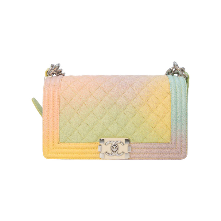 Chanel Medium Boy Bag Rainbow Pastel Quilted Caviar Silver Hardware