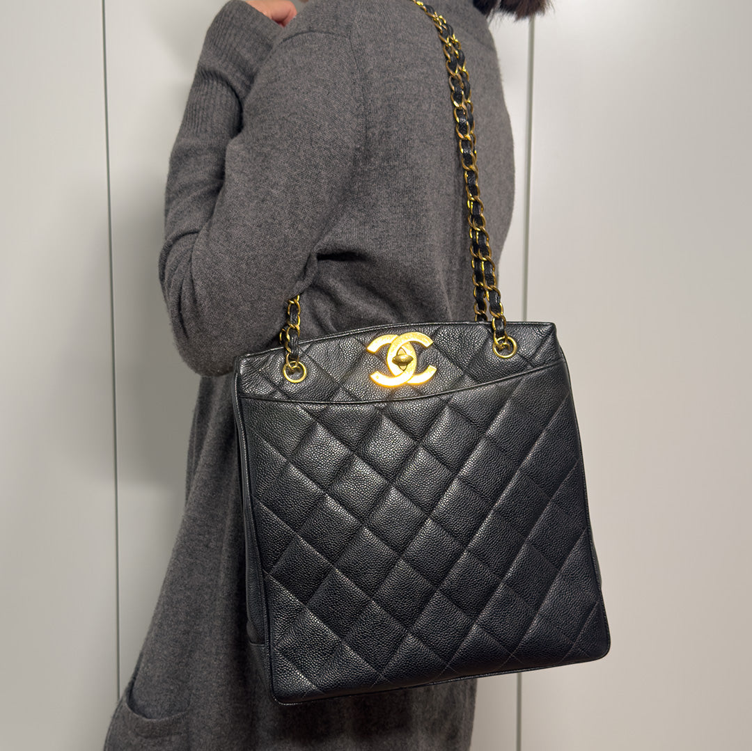 Chanel Vintage Black Caviar Leather Quilted Tote Bag Oversized CC Turnlock