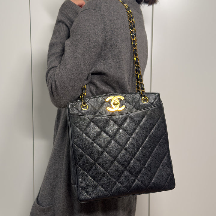 Chanel Vintage Black Caviar Leather Quilted Tote Bag Oversized CC Turnlock