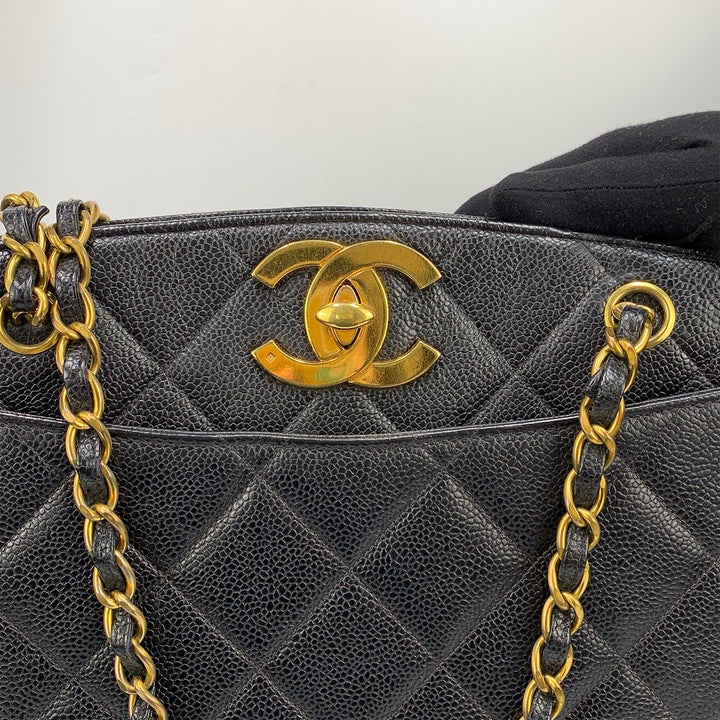 Chanel Vintage Black Caviar Leather Quilted Tote Bag Oversized CC Turnlock